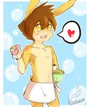  &lt;3 5_fingers anthro blush brown_hair cub fur hair lagomorph male mammal navel open_mouth orange_eyes rabbit rabbitdx26 simple_background soap solo standing tan_fur towel young 