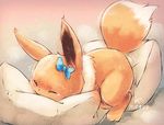  absurd_res bow_tie eevee eyes_closed female feral fur hi_res nintendo pillow pok&eacute;mon rag._(artist) simple_background solo video_games 