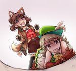  akai_mi_ga_bakuhatsu_shita animal_ears big_bad_wolf big_bad_wolf_(cosplay) big_bad_wolf_(grimm) brown_hair cosplay crying crying_with_eyes_open double_bun dress drill_hair drooling feathers female_pervert fingerless_gloves gloves gradient gradient_background groping_motion hat hunter_(little_red_riding_hood) hunter_(little_red_riding_hood)_(cosplay) idolmaster idolmaster_cinderella_girls jacket little_red_riding_hood lying morikubo_nono multiple_girls munakata_atsumi on_stomach open_clothes open_jacket open_mouth pervert short_hair smile socks tail tail_wagging tears twintails wavy_mouth wolf_ears wolf_tail 