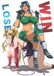  2girls battle_arena_toshinden breasts bridal_gauntlets dress femdom hanging_breasts huge_breasts huge_nipples human_furniture legs multiple_girls open_mouth orz sitting sofia_(toushinden) thighs torn_clothes toushinden tracy_(toushinden) whip white_background yukimaru_(gojo) 