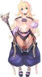  aquaplus armlet bands blonde_hair blush chain collar dungeon_travelers_2 erthuricia_vitor_de_ritzhevin full_body green_eyes highres holding kokonoka long_hair looking_at_viewer midriff navel pants sandals see-through skull smile solo staff standing striped transparent_background vertical_stripes wavy_hair 