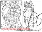  animal_humanoid antlers cat_humanoid cervine cybercat deer duo feline female hair horn humanoid long_hair looking_at_viewer male mammal monochrome smile watermark 