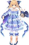  :o anklet aquaplus bird blonde_hair blue blue_eyes braid butterfly_hair_ornament dress dungeon_travelers_2 eyebrows eyebrows_visible_through_hair fan flying full_body hair_ornament highres holding holding_fan jewelry lizerietta_marsh long_hair long_sleeves looking_at_viewer mitsumi_misato official_art penguin pigeon-toed transparent_background twin_braids 