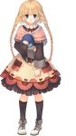  :o aquaplus bird blonde_hair blue_eyes braid dress dungeon_travelers_2 eyebrows eyebrows_visible_through_hair full_body highres lizerietta_marsh long_hair long_sleeves looking_at_viewer mitsumi_misato object_hug official_art penguin pigeon-toed stuffed_toy transparent_background twin_braids 