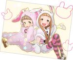  1girl animal_costume animal_hood blush bow brown_eyes brown_hair bunny_costume bunny_hood commentary_request cosplay costume_switch full_body green_eyes himeno_kanon himeno_kanon_(cosplay) hood ichihara_nina ichihara_nina_(cosplay) idolmaster idolmaster_cinderella_girls idolmaster_side-m kigurumi long_hair mittens open_mouth pantyhose purple_legwear rice_(rice8p) smile striped striped_legwear 