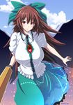  arm_cannon blouse bow breasts brown_hair cape cloud cloudy_sky day hair_bow large_breasts long_hair looking_at_viewer red_eyes reiuji_utsuho skirt sky smile solo third_eye touhou twitter_username umasan weapon wings 