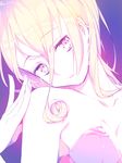  armpits bangs blonde_hair breasts cleavage close-up collarbone curly_hair eyebrows eyebrows_visible_through_hair hair_between_eyes head_tilt long_hair looking_at_viewer magilou_(tales) medium_breasts momore_(peaches) pale_skin parted_lips purple_background purple_eyes solo tales_of_(series) tales_of_berseria 