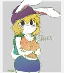  2016 anthro backpack blonde_hair blush border breasts carrot_(one_piece) clothed clothing crossed_arms english_text female hair hat lagomorph looking_at_viewer mammal midriff one_piece rabbit shirt shorts solo tacdoodles tank_top text white_border wide_hips 