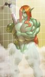  2016 abs bathing biceps big_breasts blush bottle breasts female fog green_eyes hand_on_breast huge_breasts humanoid marauder6272 muscular muscular_female navel nipples nude pointy_ears pussy shower shrapnel_(character) solo steam water wet 