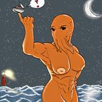  abs anthro areola armpits biceps big_breasts big_butt boat breasts butt cthulu digital_media_(artwork) female grass island lighthouse moon muscular night nipples nude outside pecs sea size_difference sky smile standing star starry_sky tentacles thepainfultruth vehicle water 