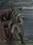  5_fingers anthro blue_eyes clothed clothing day detailed_background feral fish green_scales holding_object holding_weapon lizard male marine melee_weapon outside polearm raining reptile scales scalie solo spear themefinland water weapon 