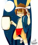  5_fingers anthro blush brown_hair clothed clothing cub eyewear footwear fur glasses hair headband lagomorph legwear loincloth looking_at_viewer male mammal moon navel one_eye_closed open_mouth open_shirt rabbit rabbitdx26 sandals simple_background socks solo standing tan_fur wink young 