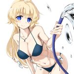  abs bangs bare_arms bare_shoulders bikini blonde_hair blue_bikini blue_eyes blush breasts collarbone cowboy_shot hair_intakes hose jewelry large_breasts leaning_forward long_hair looking_at_viewer navel necklace regalia_the_three_sacred_stars revision rocha_(aloha_ro_cha) side-tie_bikini simple_background smile solo swimsuit tareme water white_background yuinshiel_asteria 