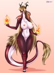  2016 anthro areola big_breasts black_scales breasts brown_fur brown_hair brown_horn claws collar dragon english_text female fire fur furred_dragon hair horn huge_breasts long_ears long_hair looking_at_viewer magic mleonheart nipples nude pink_background pink_nipples pussy red_scales scales scalie simple_background stripes tail_tuft text toe_claws tuft voluptuous watermark white_scales wide_hips yellow_eyes 