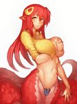  breasts covered_nipples covering covering_one_breast fang fumio_(rsqkr) hair_ornament hairclip lamia large_breasts long_hair miia_(monster_musume) monster_girl monster_musume_no_iru_nichijou navel one_breast_out red_hair simple_background solo white_background wide_hips yellow_eyes 