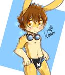  5_fingers anthro blush brown_hair bulge clothing cub eyewear fur goggles hair lagomorph looking_at_viewer male mammal navel orange_eyes rabbit rabbitdx26 simple_background solo speedo standing swimsuit tan_fur young 