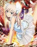  ballerina bare_shoulders blue_eyes bodice breasts card_(medium) feathers hanna-justina_marseille leg_lift leotard long_hair medium_breasts miniskirt official_art see-through skirt solo strike_witches world_witches_series 