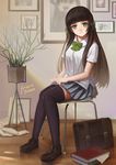  2015 artist_name bag bangs black_legwear blue_skirt blunt_bangs book bow bowtie chair clothes_grab collared_shirt commentary_request dress_shirt green_bow green_eyes green_neckwear green_ribbon hair_ribbon kirigaku_luo knees_together_feet_apart light_rays loafers long_hair looking_at_viewer original paper parted_lips picture_(object) picture_frame plant pleated_skirt ribbon school_uniform shadow shirt shoes short_sleeves sitting skirt solo straight_hair teeth thighhighs thighs uniform white_shirt 