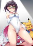 alternate_costume arms_behind_back bare_shoulders black_hair blue-framed_eyewear blush bow bowtie breasts cameltoe closed_mouth commentary_request cosplay covered_navel gen_1_pokemon gesugao glasses gloves green_eyes hair_between_eyes hair_ornament hairclip highleg kantai_collection kasumi_(pokemon) kasumi_(pokemon)_(cosplay) kneeling kusano_(torisukerabasu) leotard looking_at_viewer multicolored_hair okinami_(kantai_collection) pikachu pink_hair pokemon pokemon_(creature) red_bow red_neckwear short_hair small_breasts solo white_gloves 