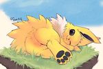  butt eeveelution female feral fur grass happy hi_res jolteon nintendo one_eye_closed outside pok&eacute;mon presenting presenting_hindquarters purple_eyes rag._(artist) rear_view sky solo video_games yellow_fur 