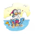  &lt;3 avian beak bird blush clothed clothing cloudscape cousins disney donald_duck duck embrace feathers fethry_duck hybrid male male/male one_eye_closed open_mouth outside salemaru sea sky tentacles topless water webbed_feet wet white_feathers wink 
