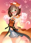  :3 :d animal_ears blush breasts brown_hair cat_ears cat_tail cosplay fang glasses green_eyes guilty_gear guilty_gear_xrd hat highres idolmaster idolmaster_cinderella_girls kibihimi looking_at_viewer maekawa_miku may_(guilty_gear) may_(guilty_gear)_(cosplay) medium_breasts miniskirt no_bra open_mouth paw_print paws pleated_skirt red-framed_eyewear short_hair sideboob skirt smile solo tail 