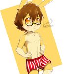  5_fingers anthro blush boxers_(clothing) brown_hair bulge clothing cub eyewear fur glasses hair hands_on_hips lagomorph looking_at_viewer male mammal navel orange_eyes rabbit rabbitdx26 simple_background solo tan_fur underwear young 