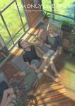  barefoot black_hair blonde_hair closed_eyes couch english foot_on_face from_above grey_hair indoors ivy katsuki_yuuri leg_up lying male_focus multiple_boys on_couch on_side open_mouth penguin_frontier plant potted_plant rug shirt shorts sitting sleeping sunlight t-shirt text_focus typewriter viktor_nikiforov window window_shade yuri!!!_on_ice yuri_plisetsky 