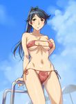  anchor_print ass_visible_through_thighs bangs beach_umbrella bikini black_eyes black_hair blush body_blush breasts breasts_apart clenched_hand closed_mouth cloud collarbone covered_nipples crescent day groin houshou_(kantai_collection) jewelry kantai_collection long_hair looking_at_viewer medium_breasts navel necklace outdoors pink_bikini ponytail railing sameha_ikuya shiny shiny_skin side-tie_bikini sky smile solo standing swept_bangs swimsuit umbrella 