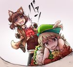  akai_mi_ga_bakuhatsu_shita animal_ears big_bad_wolf big_bad_wolf_(cosplay) big_bad_wolf_(grimm) brown_hair cosplay crying crying_with_eyes_open double_bun dress drill_hair drooling feathers female_pervert fingerless_gloves gloves gradient gradient_background groping_motion hat hunter_(little_red_riding_hood) hunter_(little_red_riding_hood)_(cosplay) idolmaster idolmaster_cinderella_girls jacket little_red_riding_hood lying morikubo_nono multiple_girls munakata_atsumi on_stomach open_clothes open_jacket open_mouth pervert short_hair smile socks tail tears trembling twintails wavy_mouth wolf_ears wolf_tail 