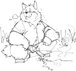 2024 anthro balls belly blush bodily_fluids canid canine canis clothing domestic_dog fugashi4090 genital_fluids genitals kemono male mammal navel peeing penis shirt sketch slightly_chubby solo topwear urine