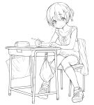  bag blush child desk flying_sweatdrops hair_bobbles hair_ornament hairclip holding holding_pencil kikai_(akita_morgue) looking_at_viewer miniskirt monochrome nervous_smile original pants pants_under_skirt pencil school_desk shoes short_twintails shy sitting skirt smile socks twintails unworn_cardigan yoga_pants 