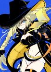  1girl aesc_(fate) aesc_(rain_witch)_(fate) black_bow black_gloves black_panties blonde_hair blue_background blue_eyes book bow braid breasts cleavage cowboy_shot fate/grand_order fate_(series) glasses gloves hair_over_one_eye hat highleg highleg_panties highres jacket kauderni01356 long_hair looking_at_viewer midriff navel official_alternate_costume open_clothes open_jacket panties red-framed_eyewear round_eyewear short_shorts shorts simple_background smile solo thigh_strap thong twin_braids underwear white_shorts witch_hat 