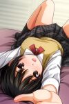  1girl ankle_socks bed_sheet black_hair blazer blurry blush bow bowtie brown_eyes depth_of_field highres indoors jacket looking_at_viewer lying matsunaga_kouyou nose_blush on_back open_mouth original outstretched_arms plaid plaid_skirt red_bow red_bowtie school short_hair skirt smile socks solo spread_legs uniform upside-down 