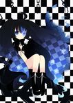  ahoge bikini_top black_hair black_rock_shooter black_rock_shooter_(character) blue_eyes boots burning_eye chain checkered jacket kurata_yumi long_hair navel sitting solo twintails very_long_hair 