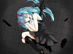  aqua_hair bad_id bad_pixiv_id bare_shoulders black_dress black_wings boots closed_eyes dress feathers hair_ornament hatsuko hatsune_miku knee_boots kuroi_tsubasa_(vocaloid) long_hair lying on_side short_dress sleeping solo twintails vocaloid wings 