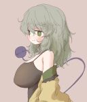  1girl arinu black_camisole blush breasts camisole commentary green_eyes green_hair highres huge_breasts komeiji_koishi long_hair looking_ahead no_headwear open_clothes open_shirt shirt shirt_partially_removed simple_background smile solo third_eye touhou upper_body yellow_shirt 
