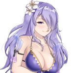  1girl bare_shoulders bikini breasts camilla_(fire_emblem) cleavage commentary fire_emblem fire_emblem_fates flower hair_flower hair_ornament large_breasts long_hair looking_at_viewer purple_bikini purple_eyes purple_hair smile solo succducc888 swimsuit upper_body very_long_hair white_flower 