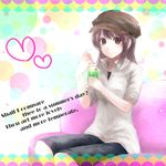  bad_id bad_pixiv_id brown_eyes brown_hair cabbie_hat couch drink english food hat heart highres ice_cream ice_cream_float itsuya light_smile melon_soda original sitting solo 