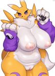 2024 anthro areola bandai_namco big_breasts black_sclera blue_eyes blush breasts digimon digimon_(species) female fur genitals hi_res looking_at_viewer multicolored_body multicolored_fur nipples pussy renamon simple_background slightly_chubby slightly_chubby_anthro slightly_chubby_female solo sususuigi white_background white_body white_fur yellow_body yellow_fur