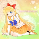  &gt;:) ;) aino_minako asako_(itiba) bad_id bad_pixiv_id bishoujo_senshi_sailor_moon blonde_hair blue_eyes bow choker doily elbow_gloves full_body gloves gradient gradient_background hair_bow half_updo happy_birthday high_heels index_finger_raised kneeling long_hair looking_at_viewer magical_girl one_eye_closed orange_choker orange_footwear orange_sailor_collar orange_skirt red_bow sailor_collar sailor_senshi_uniform sailor_venus shoes skirt smile solo sparkle_background star star_choker strappy_heels super_sailor_venus v-shaped_eyebrows white_gloves 