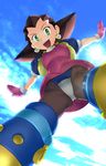  :d brown_hair cloud crotch_plate day earrings gloves green_eyes hair_pulled_back jewelry open_mouth outstretched_arms pantyhose parody rockman rockman_dash sky smile solo striker_unit sun tron_bonne ueyama_michirou upskirt world_witches_series 
