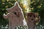 2017 ambiguous_gender azzai brown_body brown_eyes brown_fur canid canine canis claws domestic_dog duo feral fur ginga_(series) grin kishu_inu kyoshiro_(ginga) larger_feral looking_at_viewer male_(lore) mammal mixed_breed open_mouth outside paws plant raised_leg scar size_difference smaller_feral smile spitz tail teeth teru_(ginga) tree white_body white_fur