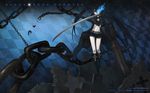  black_hair black_rock_shooter blue_eyes boots chain gun kuroi_mato scar shorts sword twintails weapon 