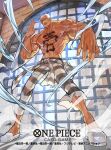  1boy abs bare_pectorals buzz_cut chest_tattoo commentary_request daz_bones highres male_focus muscular muscular_male official_art one_piece one_piece_card_game pants pectorals short_hair smoke solo striped_clothes striped_pants tapioka_chaso tattoo topless_male very_short_hair white_footwear white_hair 