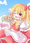  1girl ;d ako_oekaki apron blonde_hair blush bow bowtie cake cake_slice character_name commentary_request cowboy_shot day dot_nose flandre_scarlet food frilled_apron frilled_bow frilled_bowtie frilled_shirt_collar frilled_skirt frilled_sleeves frills hair_between_eyes hair_bow hand_up highres holding holding_tray long_hair looking_at_viewer midriff navel no_headwear one_eye_closed open_mouth outdoors puffy_short_sleeves puffy_sleeves red_bow red_eyes red_skirt shirt short_sleeves skirt smile solo split_mouth standing touhou tray typo waist_apron white_apron white_shirt yellow_bow yellow_bowtie 
