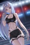  1girl absurdres bandaged_hand bandages black_shorts blurry blurry_background bowlp breasts cleavage commentary commission cowboy_shot crop_top grey_hair hand_up highres horns large_breasts long_hair looking_at_viewer midriff navel original parted_lips pixiv_commission red_eyes shorts solo sports_bra standing stomach thigh_strap thighs very_long_hair 