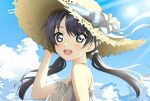  1girl :d absurdres bare_shoulders blue_eyes blue_hair blue_ribbon blue_sky blurry blurry_background brown_hat cloud commentary dark_blue_hair dress facing_to_the_side flower frilled_dress frills from_side hair_ribbon hat hat_ribbon highres kujo_awenn light_blush lily_(flower) link!_like!_love_live! long_hair looking_at_viewer love_live! low_twintails murano_sayaka open_mouth ribbon sky sleeveless sleeveless_dress smile solo straw_hat striped_ribbon sundress teeth twintails upper_body upper_teeth_only virtual_youtuber white_dress white_flower white_ribbon 