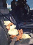  1other arc_draws car_interior car_seat commentary english_commentary growlithe head_out_of_frame highres photo-referenced poke_ball poke_ball_(basic) pokemon pokemon_(creature) seatbelt sitting twitter_username vehicle_interior 