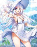  1girl :d arm_up armpits bare_shoulders blue_eyes blue_sky blush bow breasts choker cleavage collarbone commission covered_navel dress halterneck hat hat_bow holding long_hair looking_at_viewer munlu_(wolupus) open_mouth original outdoors pointy_ears skeb_commission skirt_hold sky sleeveless sleeveless_dress smile solo white_bow white_choker white_dress white_hair white_hat 